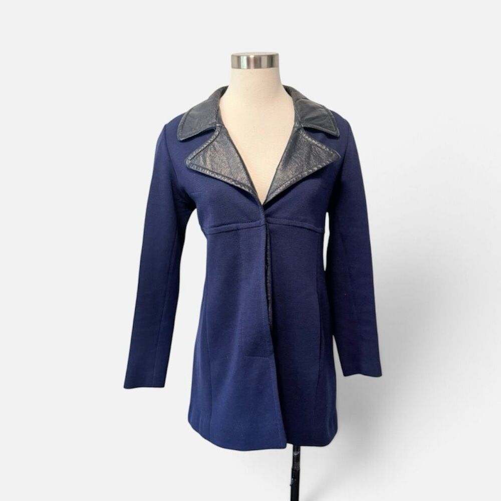 Vintage 70s Wool Blue Jacket Coat Trench Peacoat Small Fitted Leather